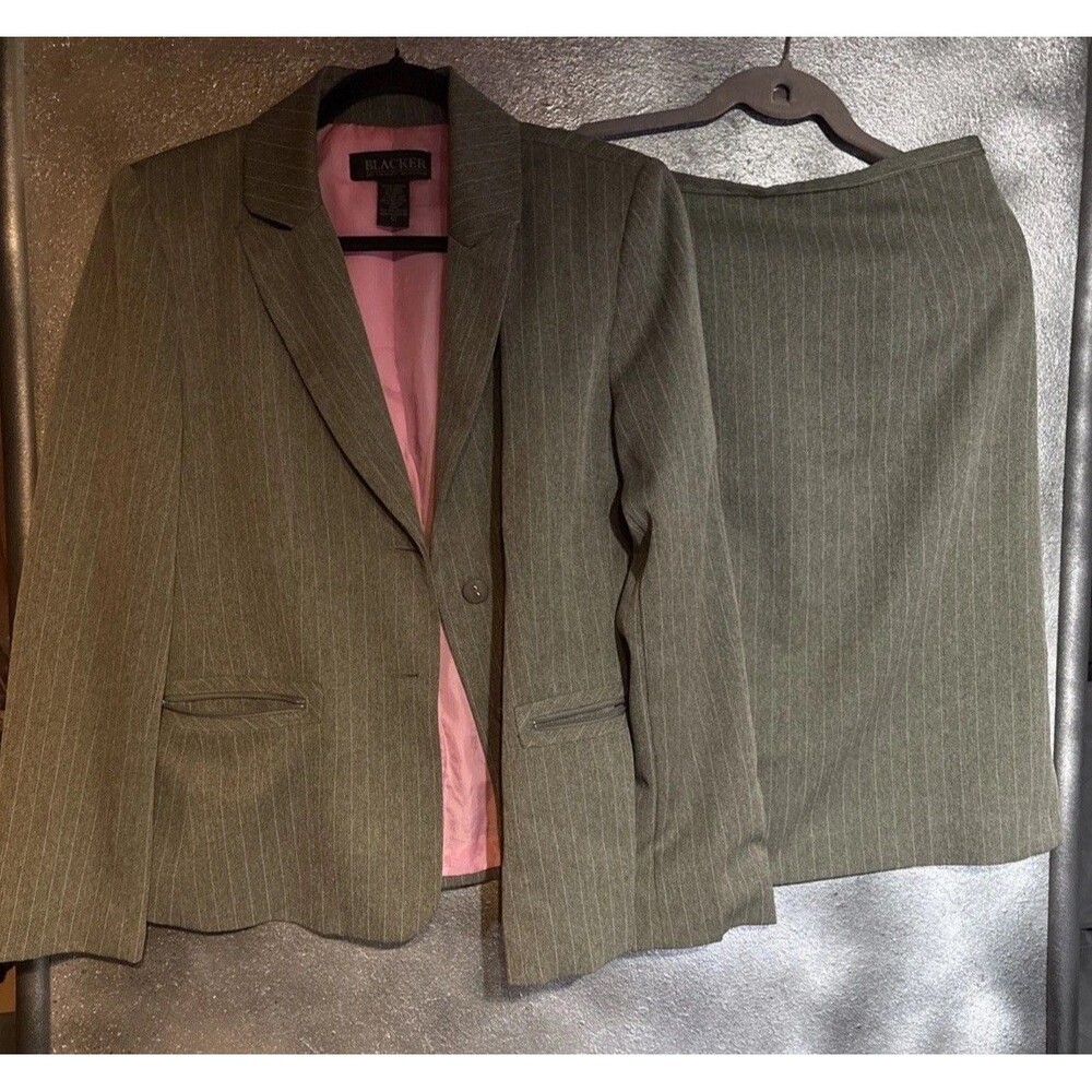 Blacker by Stanley Blacker 2pc Gray Pinstripe Skirt Suit Size 12 Polyester Lined